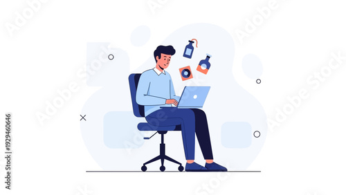 Man working on laptop with health products floating around