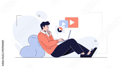 Man working on laptop, planning content for video streaming and social media