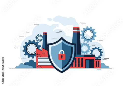 Industrial Security Shield with Locked Padlock Symbol.