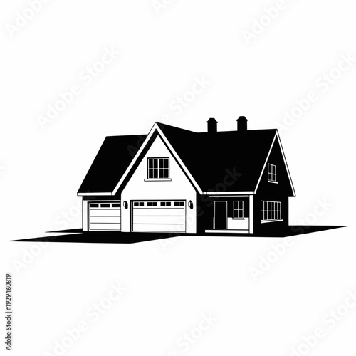 House with two garage doors and a chimney on the roof