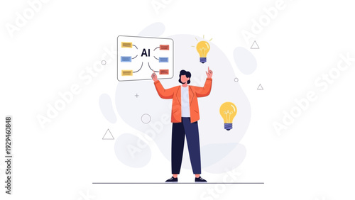 Person with AI diagram and lightbulbs, symbolizing innovation and ideas