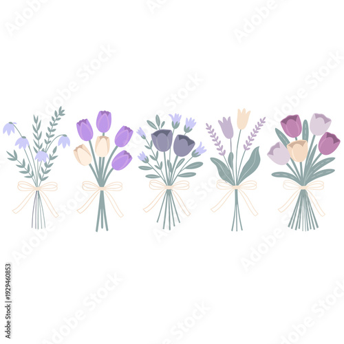 Set of colorful bouquets of tulips and flowers with ribbons  decorative floral arrangements
