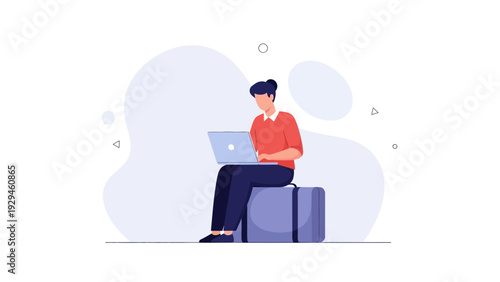 Person working on laptop while sitting on luggage, travel concept