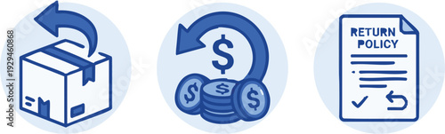 Icons representing package return, money exchange, and policy agreement in a business context