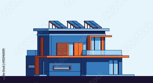 Modern Blue House with Solar Panels on Roof.