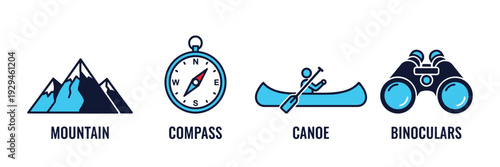 Mountain compass canoe and binoculars outdoor adventure vector elements