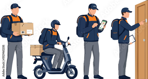 Delivery man with package on scooter and at door, courier service icons