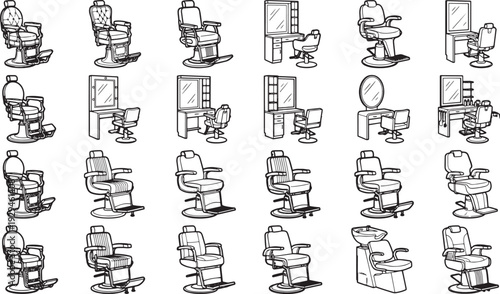 A collection of vintage salon chairs and styling stations, showcasing classic designs and functionality.