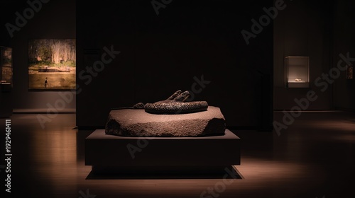 A fossilized two-headed serpent emerging dramatically from stone under museum lighting, evoking ancient mysteries.
