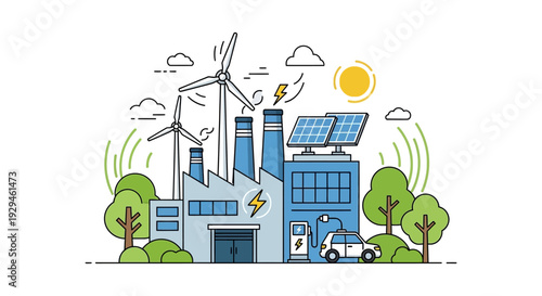 Sustainable Green Energy Factory with Solar Panels, Wind Turbines & EV Charging