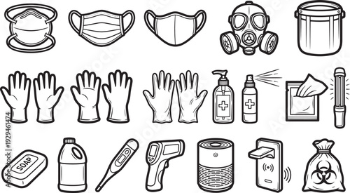 A collection of essential protective equipment, sanitizing supplies and safety devices, symbolizing the proactive approach to public health, safety, and hygiene.