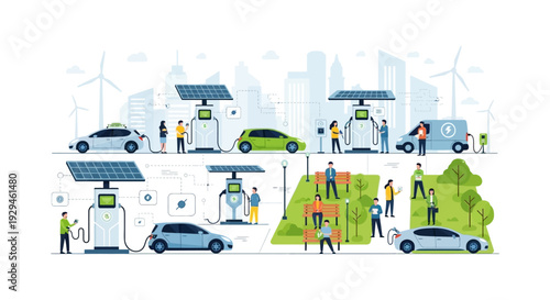 Green City Electric Vehicle Charging Stations with Solar Panels & Wind Turbines