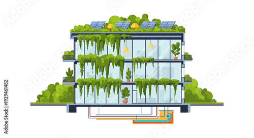Sustainable Green Building Illustration with Solar Panels & Vertical Gardens. Eco-friendly Modern Architecture for Urban Living & Renewable Energy.