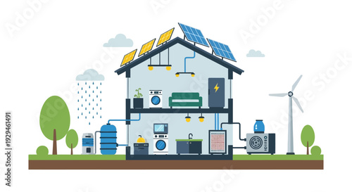 Sustainable Smart Home Illustration: Green Energy Solutions with Solar Panels, Wind Turbine, and Rainwater Harvesting for Eco-Friendly Living