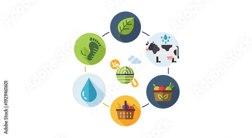 Sustainable Agriculture & Food Cycle Infographic: Farm-to-Table, Natural Resources, Environmental Impact. Icons for Livestock, Produce, Water, Carbon Footprint.
