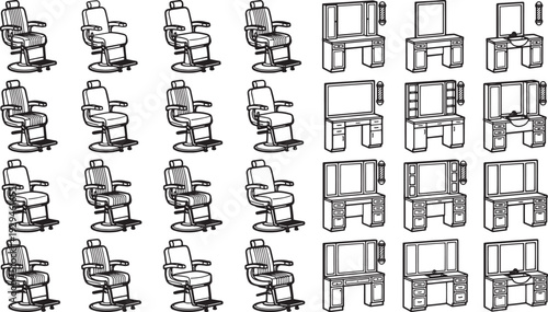 Barber chairs and mirrors repeat in an pattern that evokes the traditional barbershop's ambiance, setting a rhythmic design.