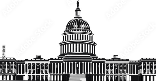 "Black and white vector illustration of United States Capitol building, Washington DC landmark, classical architecture dome, government democracy symbol, historic monument"