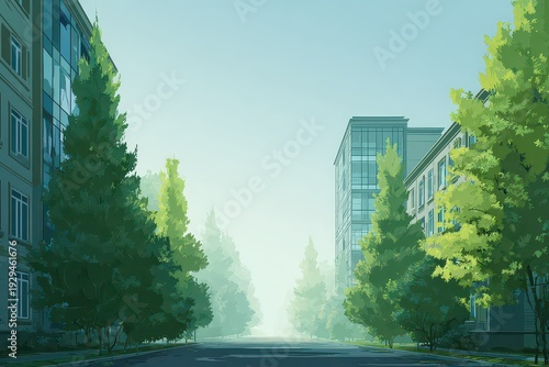 Pixel Art Urban Landscape with Tall Green Trees Lining a Street Framed by Concrete Apartment Buildings Under a Soft Light Blue Sky Creating a Peaceful Scene