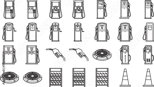Fueling the Future: A Clean Outline of a Variety of Gas Pumps, Gas nozzle and other components in a Vector Style.