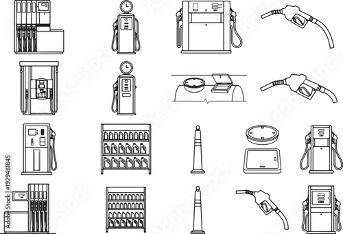 A detailed illustration showcases an array of fuel pumps and related accessories, capturing the essence of a modern service station.