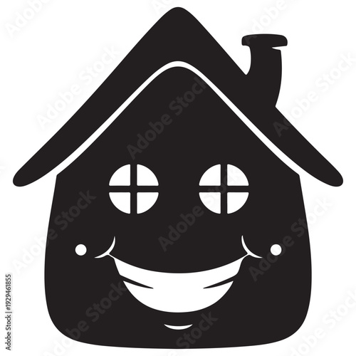 Cheerful Cartoon House Icon with Smiling Face and Round Windows
