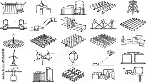 A comprehensive illustration of diverse energy and power plant concepts, presenting an array of sustainable energy solutions and infrastructure designs.