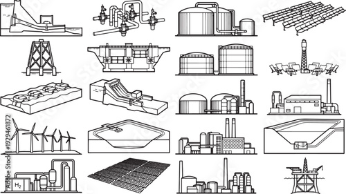 Array of industrial sketches and icons. A detailed and versatile collection featuring diverse industrial elements and equipment for various industrial application.