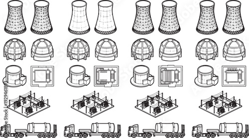 Conceptual illustration of an atomic power plant, emphasizing the architectural components of the structure.