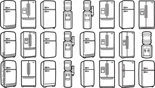 A collection of illustrated refrigerators and water coolers, showcasing a range of appliance designs, ready for your creative and commercial projects.