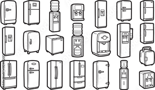 An array of meticulously illustrated refrigerator designs, each embodying diverse styles and functionalities, are presented. The image is a celebration of cooling technology.