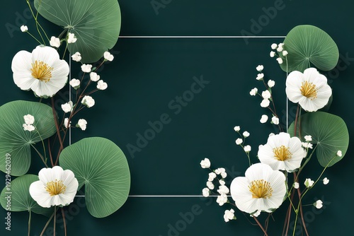 Floral Frame with White Flowers and Green Leaves on Dark Teal Background Ideal for Invitation Card Design and Decoration with a Clean and Minimalist Aesthetic