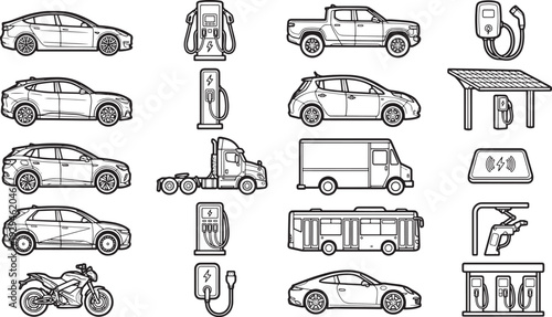 Electric car charging stations in different types of vehicles, ideal for the growing demand of eco-friendly transport.