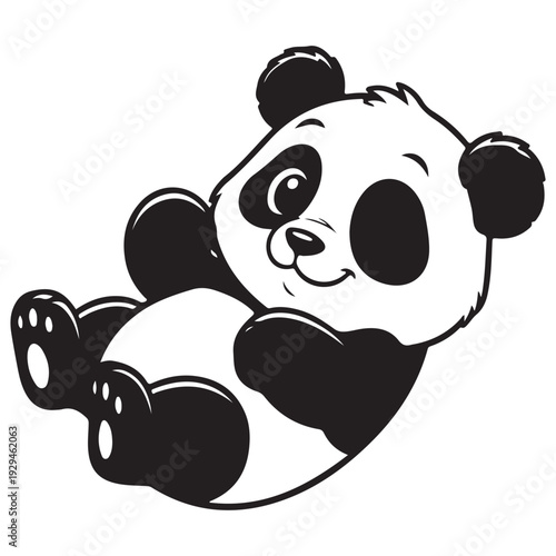 Cute Happy Cartoon Panda Lying Down Black and White Illustration