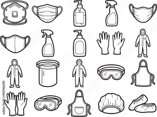 Illustration of protective equipment essentials for safety and sanitation in healthcare and industrial settings. Showing detailed line art of mask, hand sanitizer, gloves, goggles, and coveralls.
