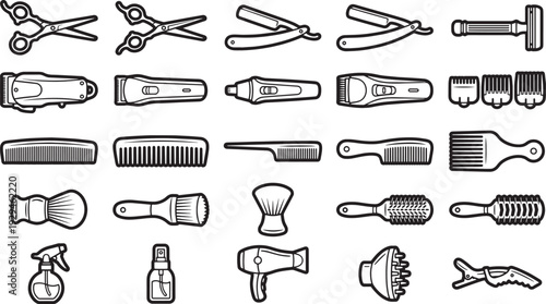 A graphic representation of barber tools arranged in an organized fashion, it depicts the tools used in a salon.