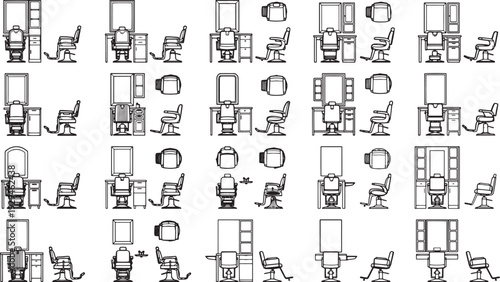 Barber shop interior plan design in a vector line art style, showcasing a comprehensive layout with a top view, perfect for architects and designers.