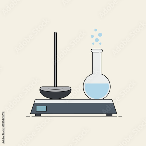 A flat design illustration of laboratory equipment, featuring a hot plate stirrer with a flask and a stirring bar.