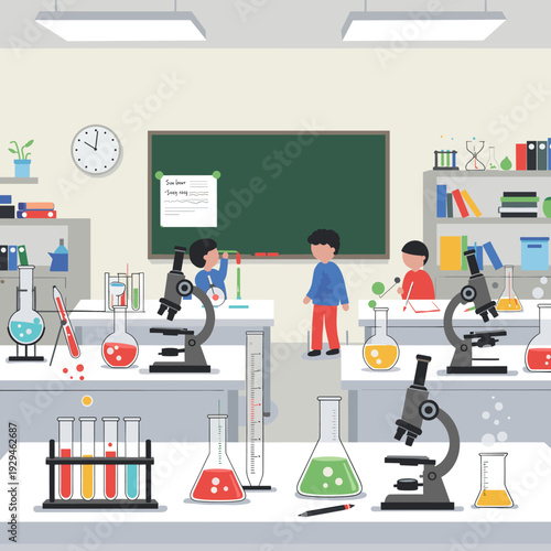Children conducting experiments in a science laboratory classroom with various equipment.