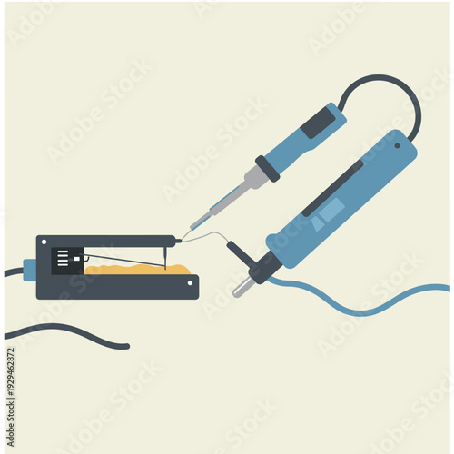 Illustration of soldering and desoldering tools, including a soldering iron, a desoldering pump, and a stand with solder.