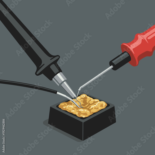 A soldering iron and another tool working on a piece of solder or flux, illustrating electronic repair or assembly.