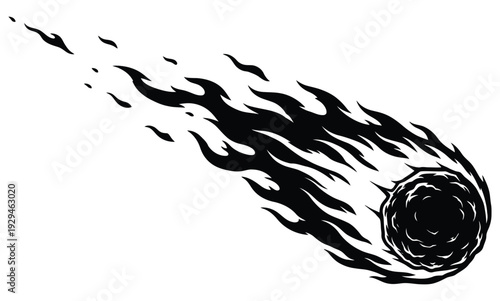 Stunning black comet with fiery trail on white background