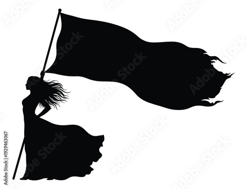 Confident woman holding flag in strong wind with flowing hair
