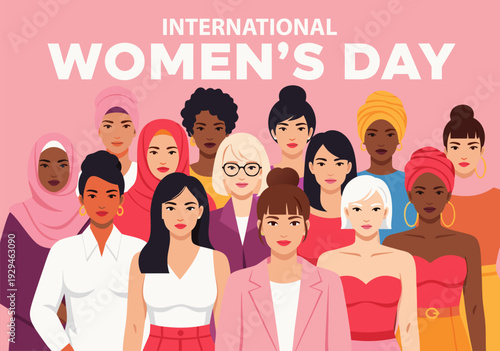 International Women's Day vector illustration celebrating diversity and unity among women