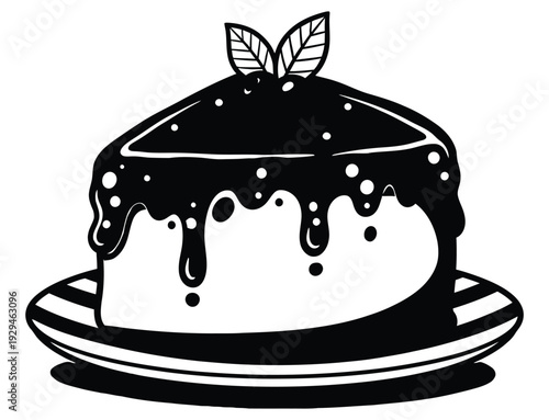 Delicious chocolate cake with leaves on top of melting chocolate