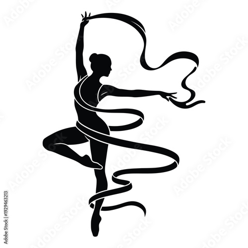 Elegant ballerina performing dynamic dance with flowing ribbon