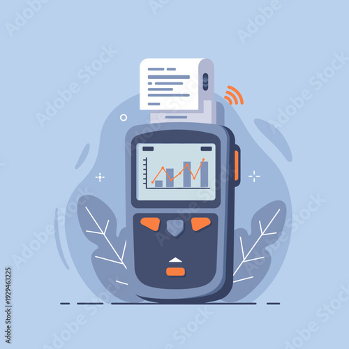Portable data analysis device with a screen displaying a bar chart, printing a receipt, and showing wireless connectivity.