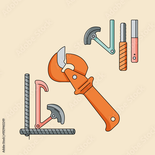 Vector illustration of various rebar bending and cutting tools, including a large orange manual bender and smaller hand tools for construction work.