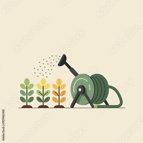 A minimalist illustration of a watering can with a hose reel nurturing three small plants in a garden.