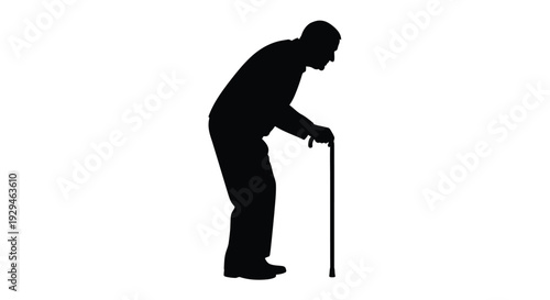 Elderly man silhouette walking with cane isolated on white background representing aging disability and mobility