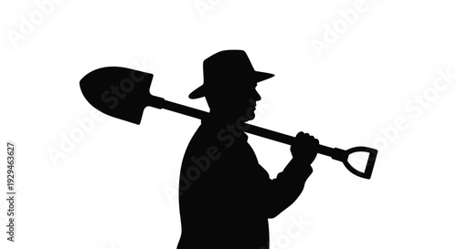 Man in hat holds shovel on shoulder silhouette black icon isolated worker with garden tool